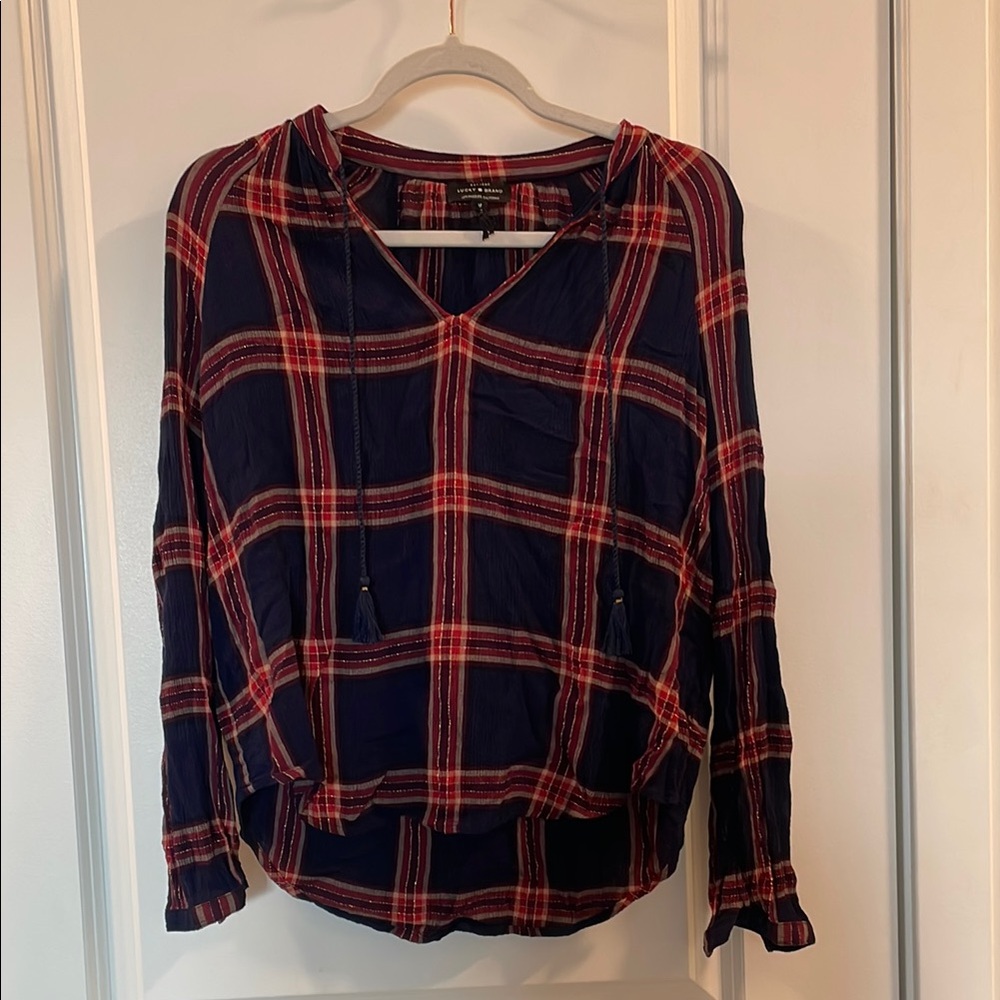 Lucky Brand Red and Navy Plaid V-neck with Tassels, Women’s Medium
